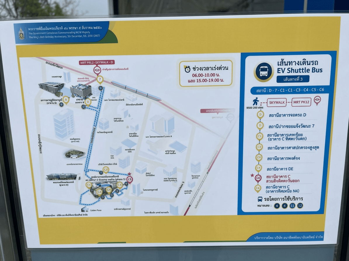 Map of EV Shuttle Bus Route 3 with stops from D to C5 including skywalk and MRT connection